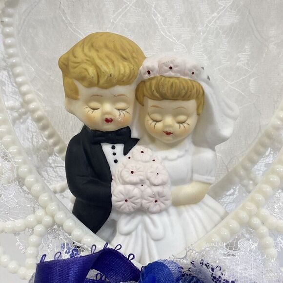 Vintage 1980s Wedding Cake Topper Porcelain Bride & Groom 9” - Picture 2 of 7